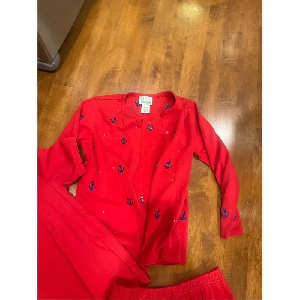Vintage Quacker Factory 3 Pc Nautical Anchor Set Medium Red Cardigan Top Skirt R
